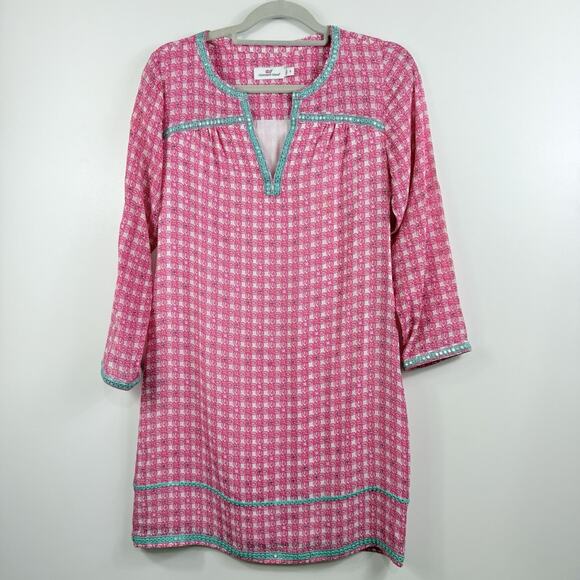 Vineyard Vines Cowrie Shell Mirrored 100% Silk Tunic Dress Size 4 Embroidered - Picture 16 of 16
